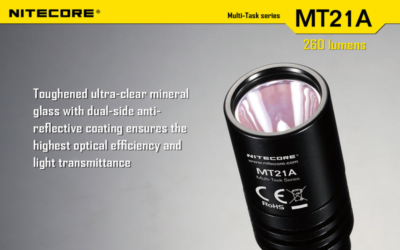Nitecore MT21A Ultra long range 2 x AA flashlight has toughened ultra clear mineral glass with dual side anti reflective coating ensures the highest optical efficiency and light transmittance.