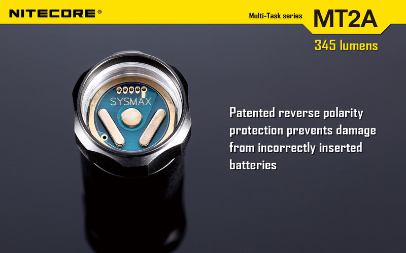 Nitecore MT2A led flashlight has patented reverse polarity prevents damage from incorrectly inserted batteries