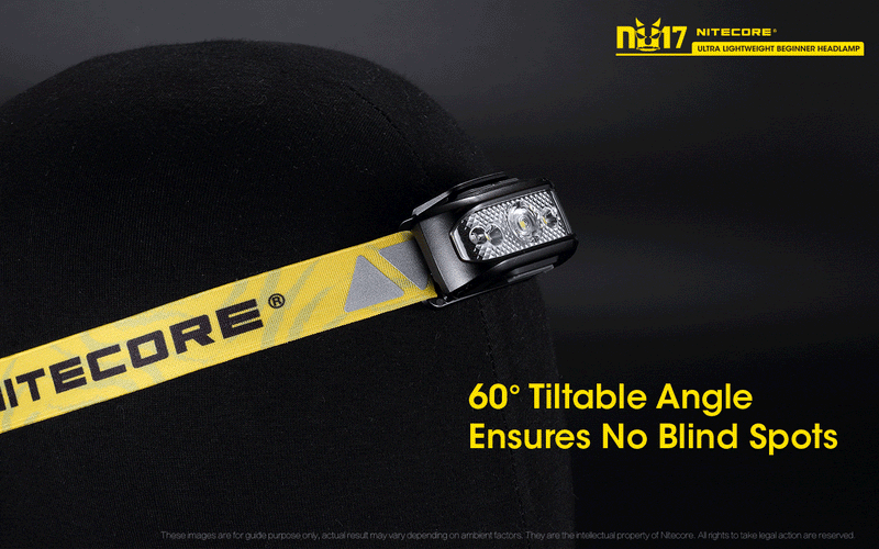 Nitecore NU17 Ultra Lightweight Beginner Headlamp has 60 degrees tiltable angle ensures no blind spots.