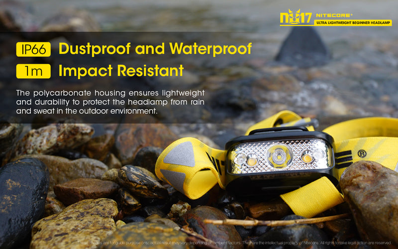 Nitecore NU17 Ultra Lightweight Beginner Headlamp has IP66 Dust proof and waterproof and 1 meters impact resistant