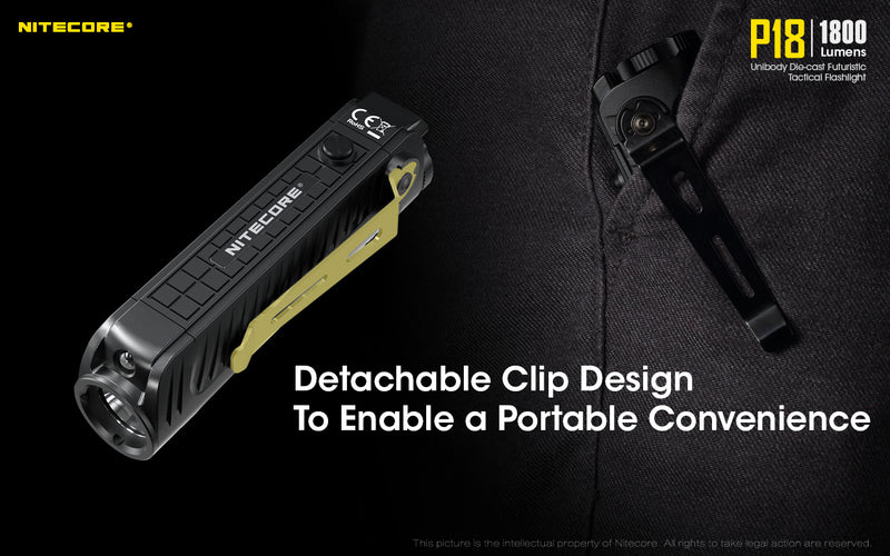 Nitecore P18 tactical LED Flashlight has detachable clip design to enable a portable convenience.