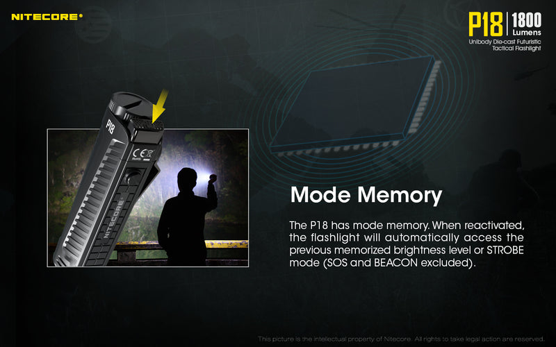 Nitecore P18 tactical LED Flashlight has mode memory.