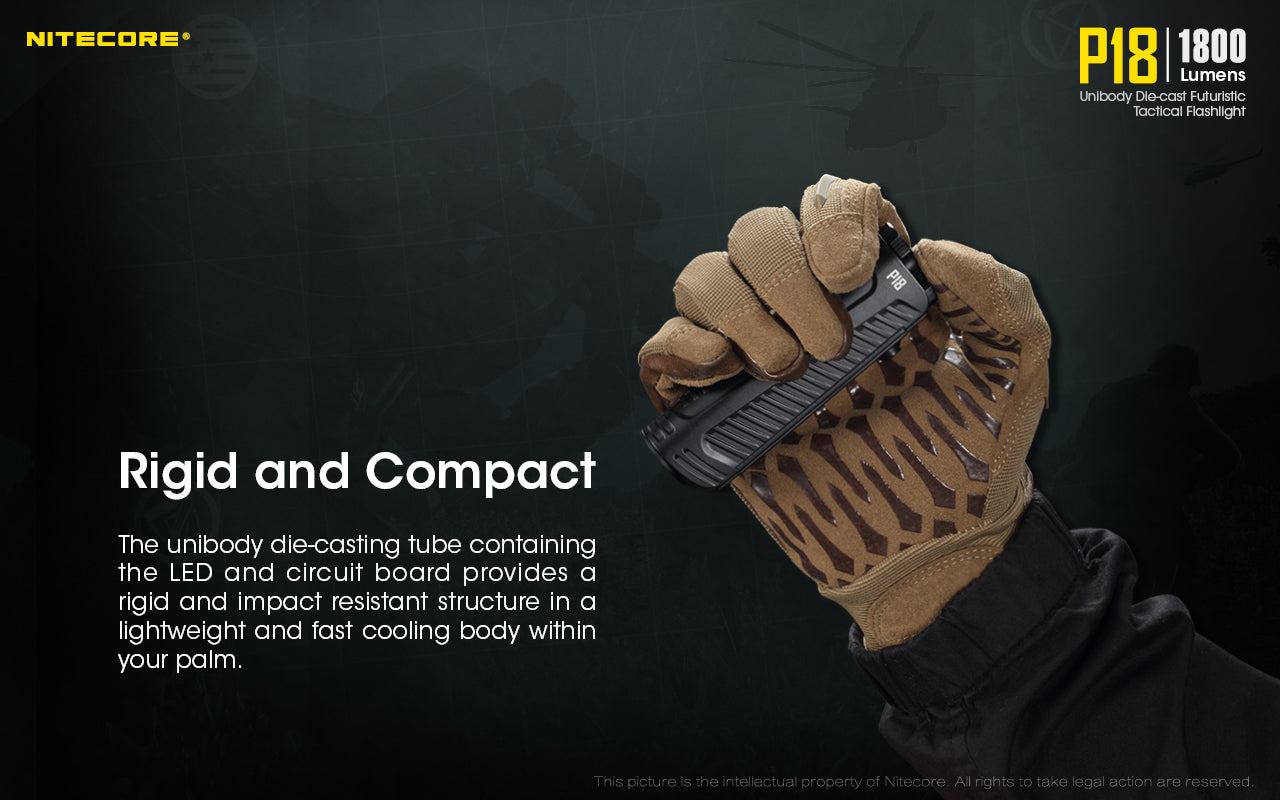 Nitecore P18 tactical LED Flashlight is rigid and compact.