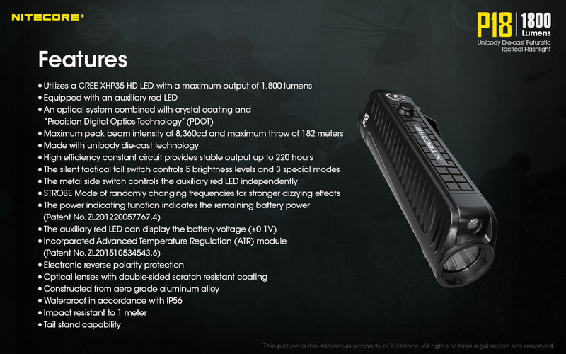 Nitecore P18 Unibody Die-cast Futuristic Tactical Flashlight - 1800 Lumen + Nitecore UI1 USB charger