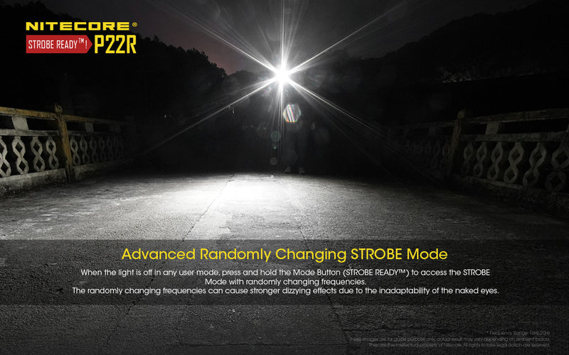 Nitecore P22R tactical led flashlight with Advanced Randomly Changing Strobe Mode.