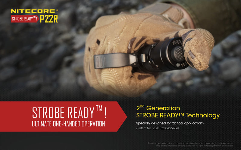 Nitecore P22R tactical led flashlight with strobe ready.