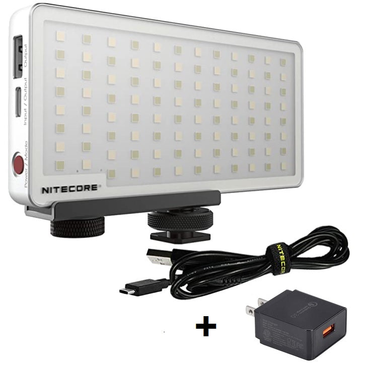 Nitecore SCL10 2 in 1 Smart Camera Light and Power Bank with USB cords + Nitecore fast charging adapter.