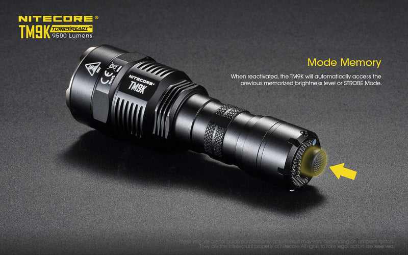 Nitecore TM9K 9500 lumens turbo ready led flashlight with mode memory.
