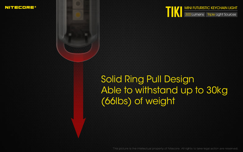 Nitecore Tiki is solid ring pull design able to withstand up to 30 kg ( 66 lbs) of weight.