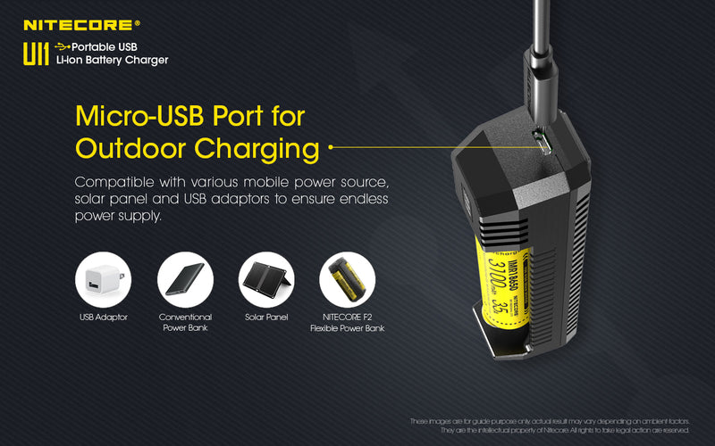 Nitecore UI2 Portable Dual Slot USB Li ion Battery Charger has micro USB Port for Outdoor Charging.