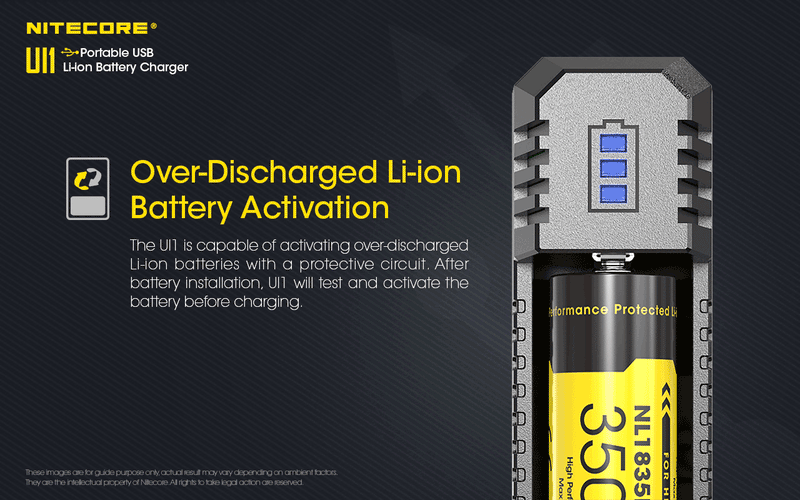 Nitecore UI2 Portable Dual Slot USB Li ion Battery Charger is over discharged Li-ion battery activation.