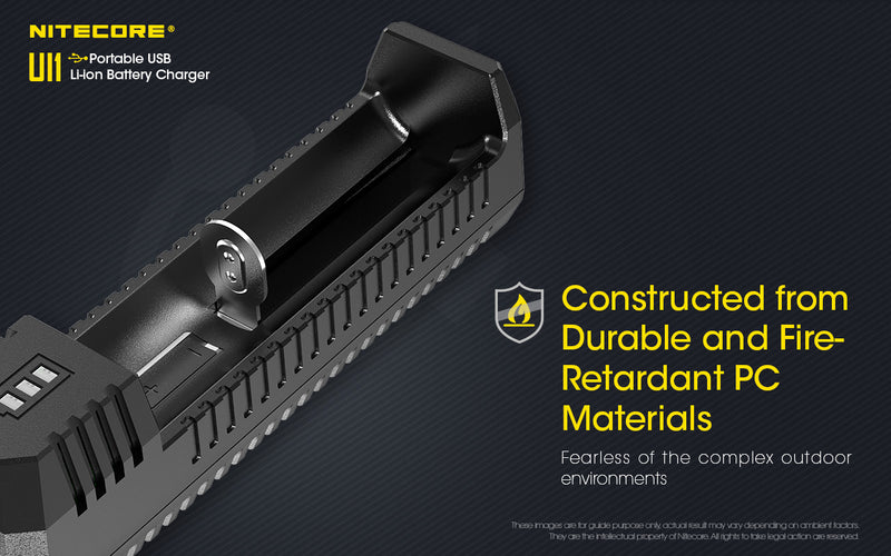 Nitecore UI2 Portable Dual Slot USB Li ion Battery Charger is constructed from durable and fire retardant PC materials.