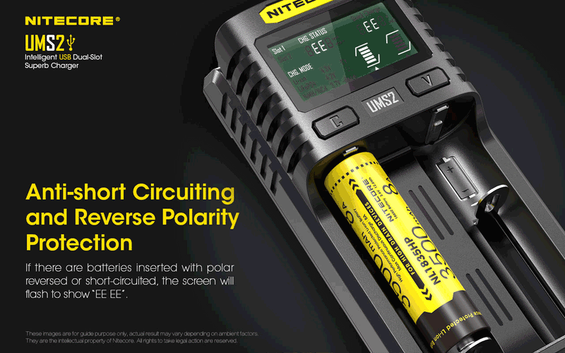 Nitecore UMS2 Intelligent USB Dual Slot Superb Charger has anti short circuiting and reverse polarity protection.
