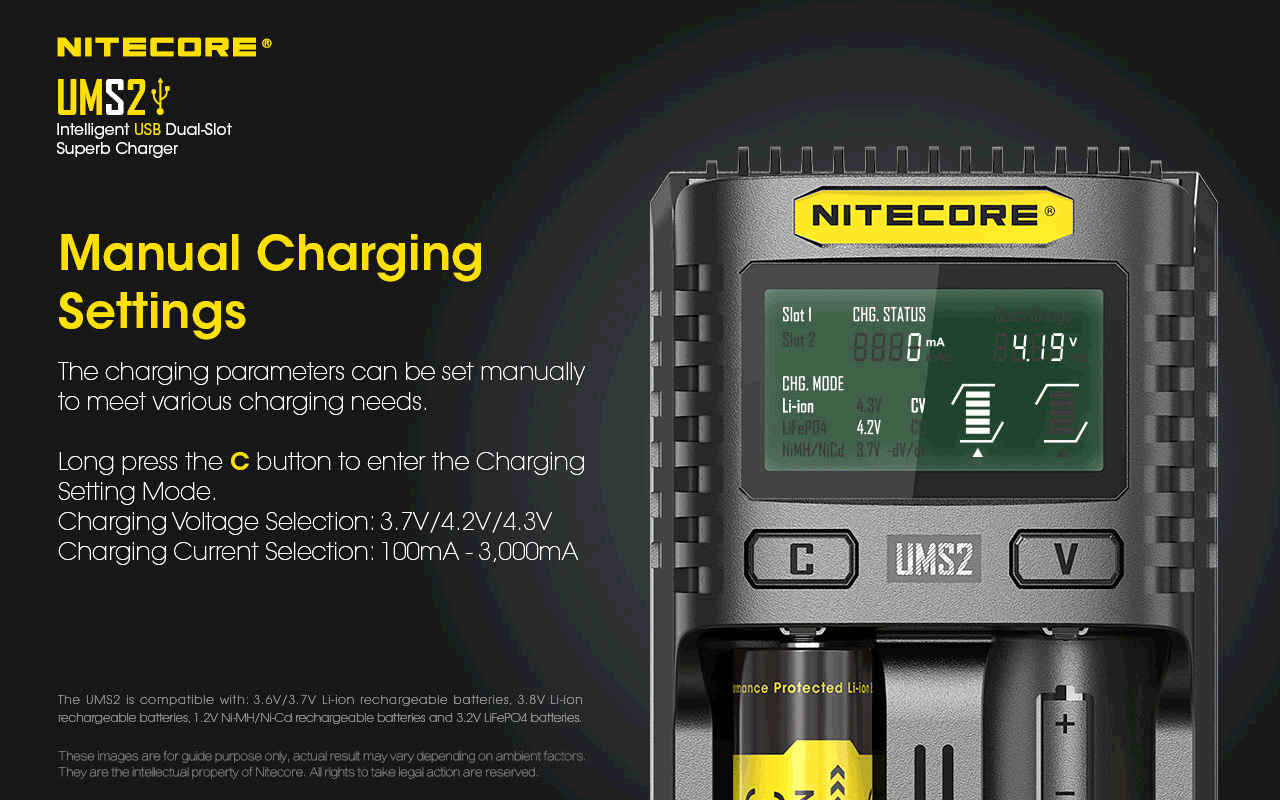 Nitecore UMS2 Intelligent USB Dual Slot Superb Charger has manual charging settings