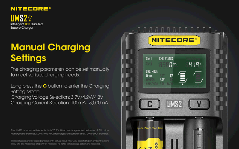 Nitecore UMS2 Intelligent USB Dual Slot Superb Charger has manual charging settings