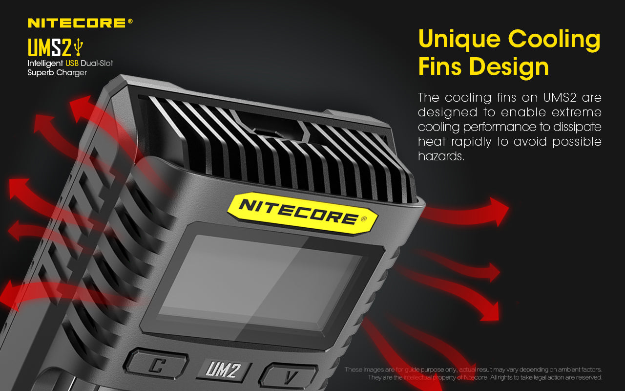 Nitecore UMS2 Intelligent USB Dual Slot Superb Charger has unique cooling fins design.