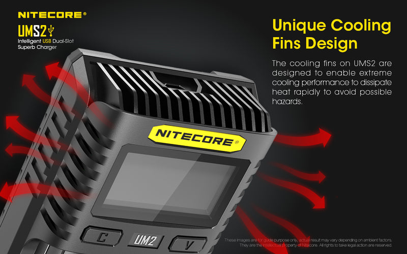 Nitecore UMS2 Intelligent USB Dual Slot Superb Charger has unique cooling fins design.