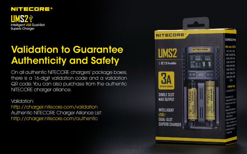 Nitecore UMS2 Intelligent USB Dual Slot Superb Charger has validation to guarantee authenity and safety.