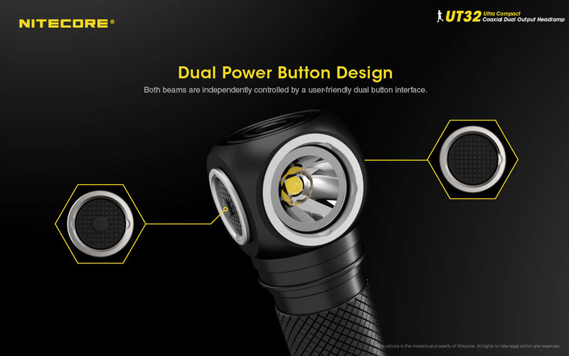 Nitecore UT32 Ultra Compact Coaxial Dual Output Headlamp has dual power button design.
