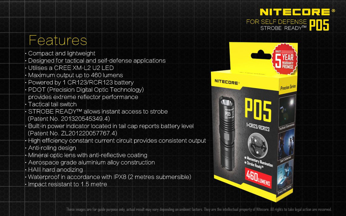 Nitecore P05 460 Lumen Compact LED Self-Defense Flashlight with instant strobe access.