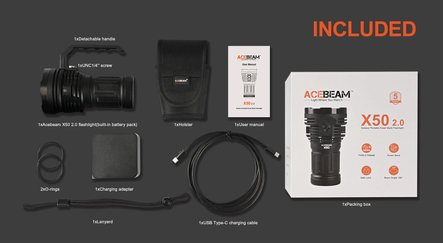 Acebeam X50 V2.0 Flashlight | 45000 Lumens Power Bank & Fast Charging
