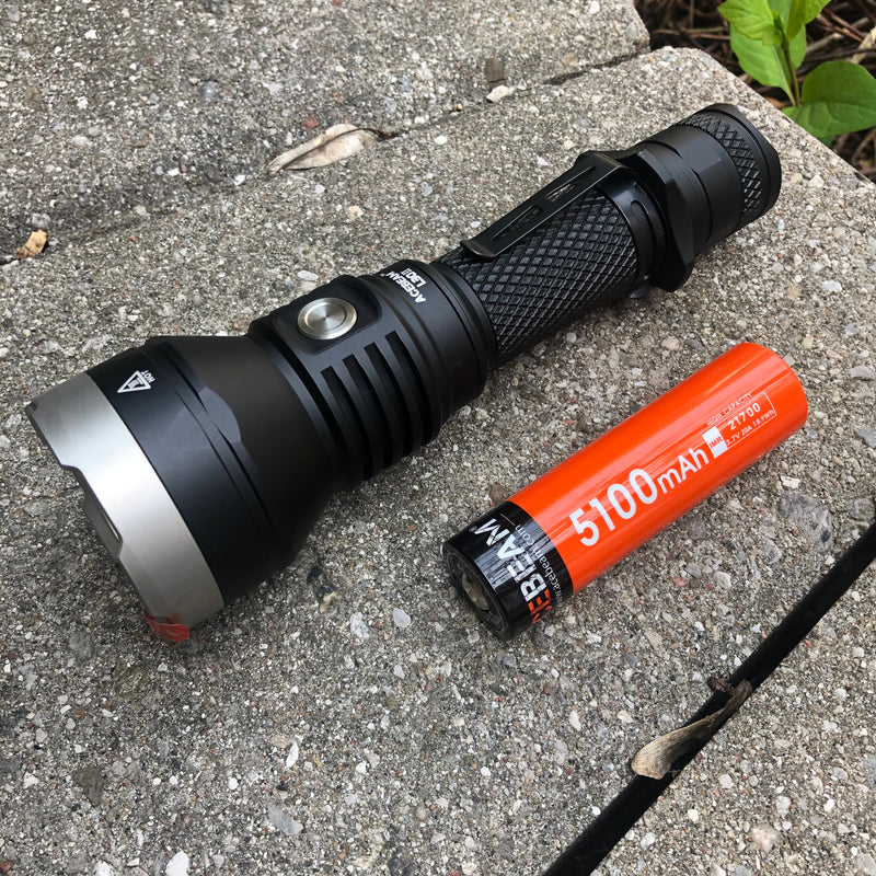 Acebeam L30 II tactical flashlight with Acebeam 21700 lithium battery.