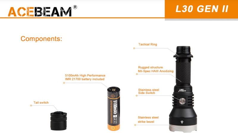 Acebeam L30 GEN II flashlight with components.
