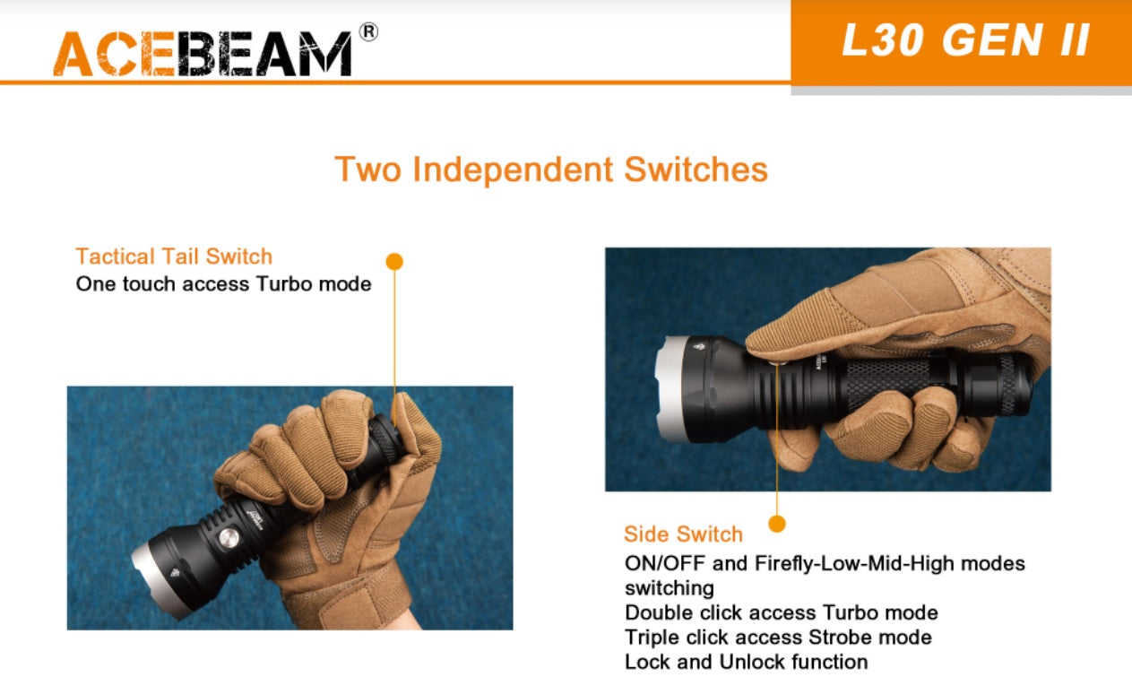 Acebeam L30 GEN II Flashlight with Two Independent Switches.