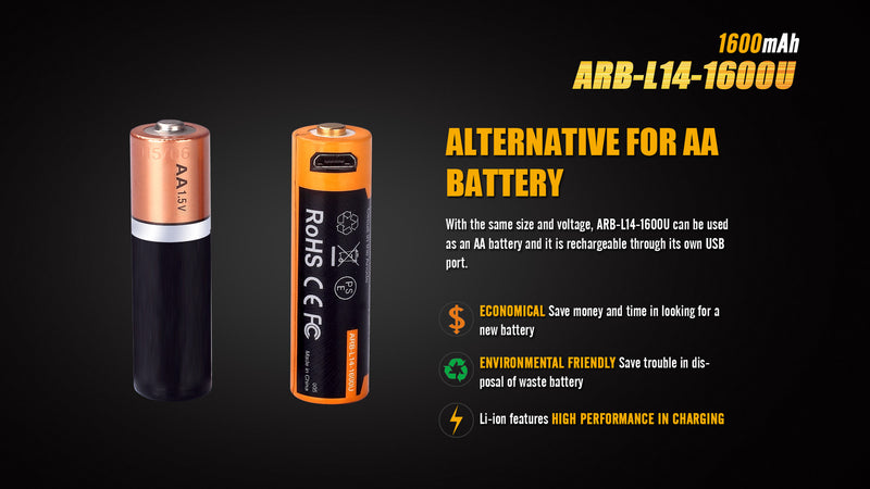 Fenix ARB L16 1600U USB Rechargeable LI-in Battery with alternative for AA battery.