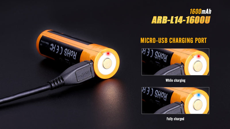 Fenix ARB L16 1600U USB Rechargeable LI-in Battery with micro usb charging port.