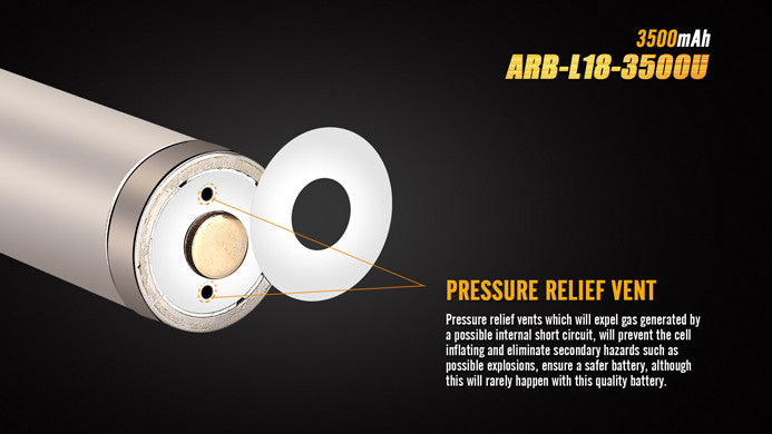 Fenix ARB L18 3500u 18650 lithium battery with pressure relief vent.
