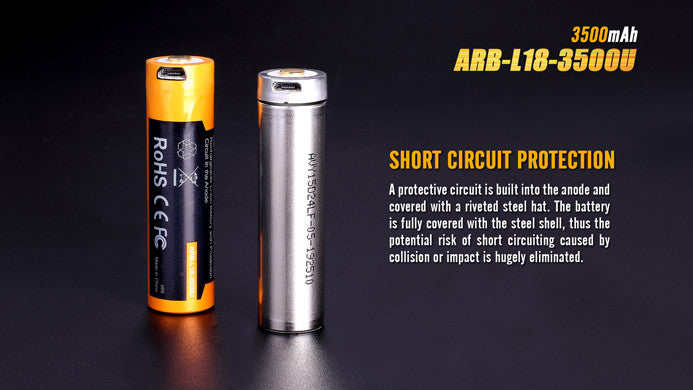 Fenix ARB L18 3500u 18650 lithium battery with short circuit protection.