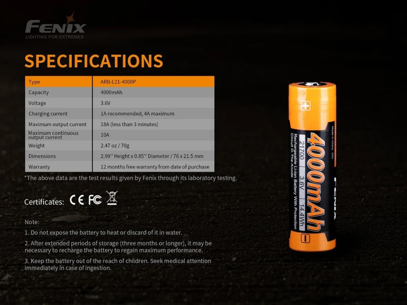 Fenix ARB-L21-4000P Rechargeable Li-ion Power battery with specifications.