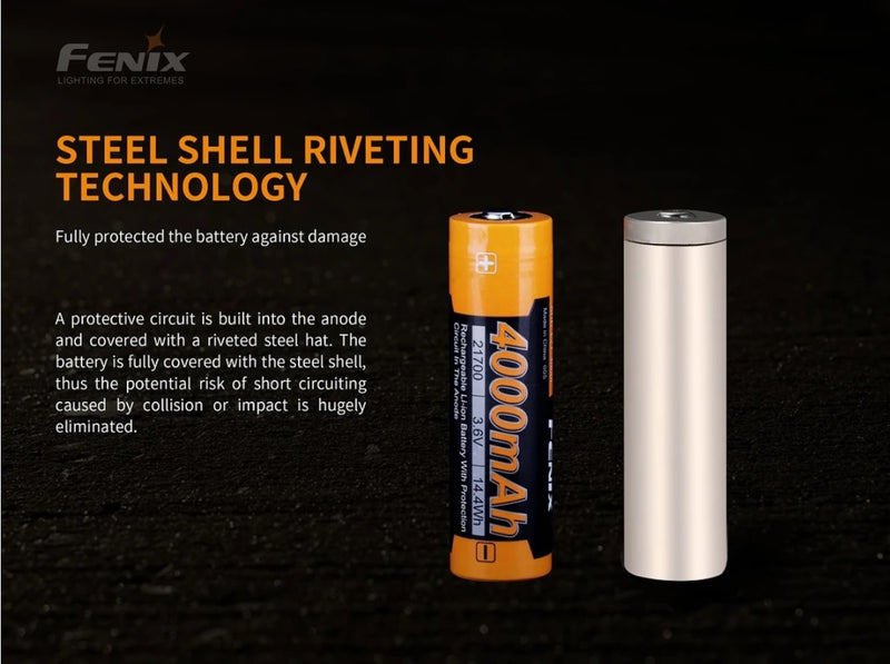 Fenix ARB-L21-4000P Rechargeable Li-ion Power battery with steel shell riveting technology.