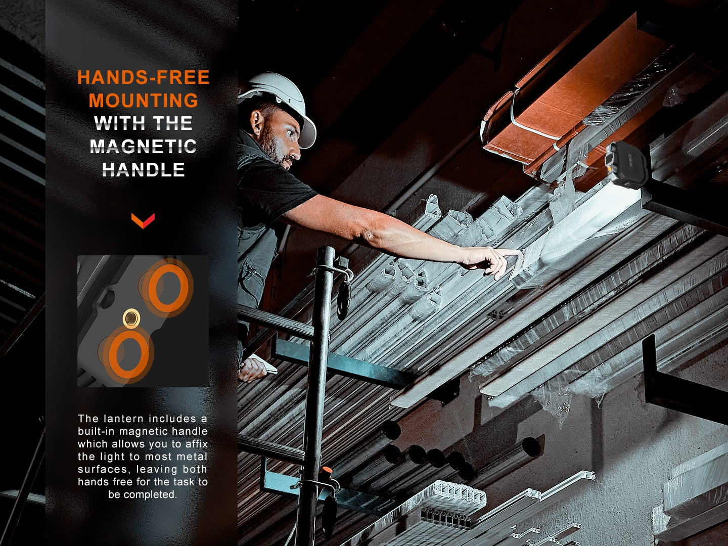 Fenix CL28R Multifunction Outdoor Lantern with hands free mounting with magnetic handle.