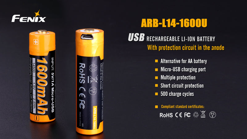 Fenix L14 1600U USB Rechargeable Li-ion Battery with protection circuit in the anode.