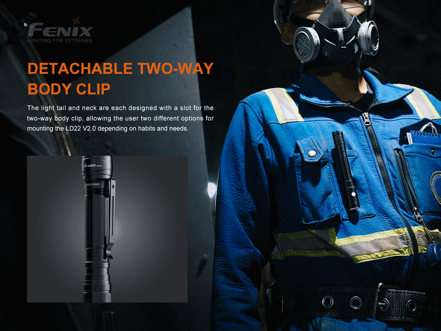 Fenix LD22 V2.0 800 lumens Multipurpose Outdoor Flashlight with detachable two way clip.