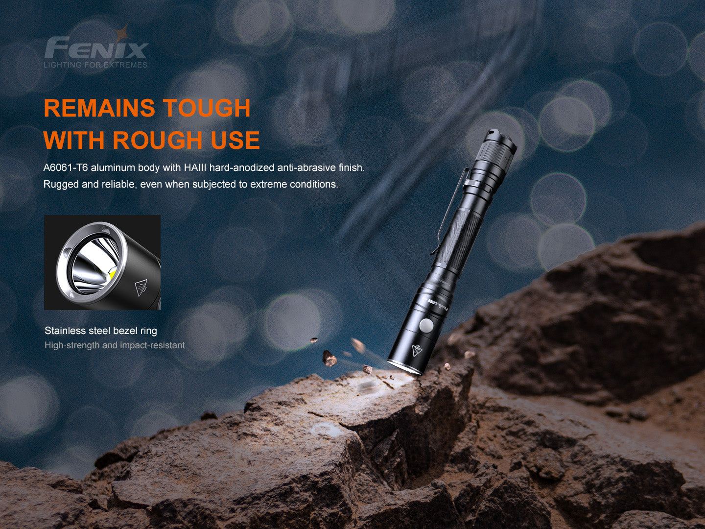 Fenix LD22 V2.0 800 lumens Multipurpose Outdoor Flashlight has a A6061 T6 aluminum body with HAIII hard anodized anti abrasive finish.