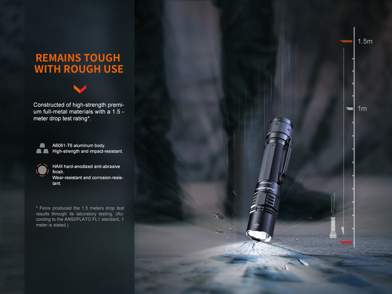 Fenix PD36R Pro Rechargeable Flashlight with maximum 2800 lumens remains tough with rough use.
