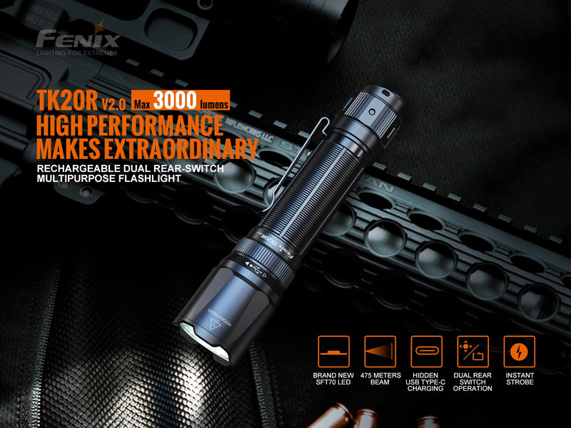Fenix TK20R V2.0 Rechargeable Dual Rear Switch Multipurpose Flashlight.