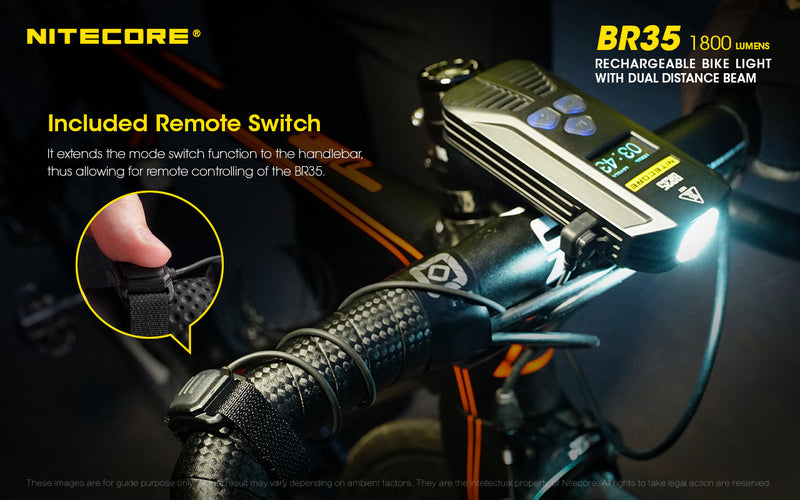 Nitecore BR35 1800 lumens Rechargeable Bike Light with Dual Distance Beam which included remote switch.