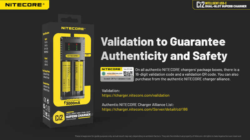Nitecore Ci2 Intelligent USB C Dual Slot Charger with validation to guarantee authenticity and safety.