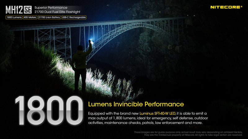 Nitecore MH12SE Superior Performance 21700 Dual Fuel Elite Flashlight. with 1800 lumens invincible performance.