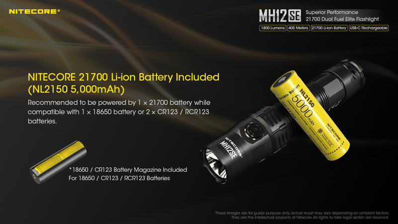 Nitecore MH12SE Superior Performance 21700 Dual Fuel Elite Flashlight. with Nitecore 21700 Li-ion Battery Included.