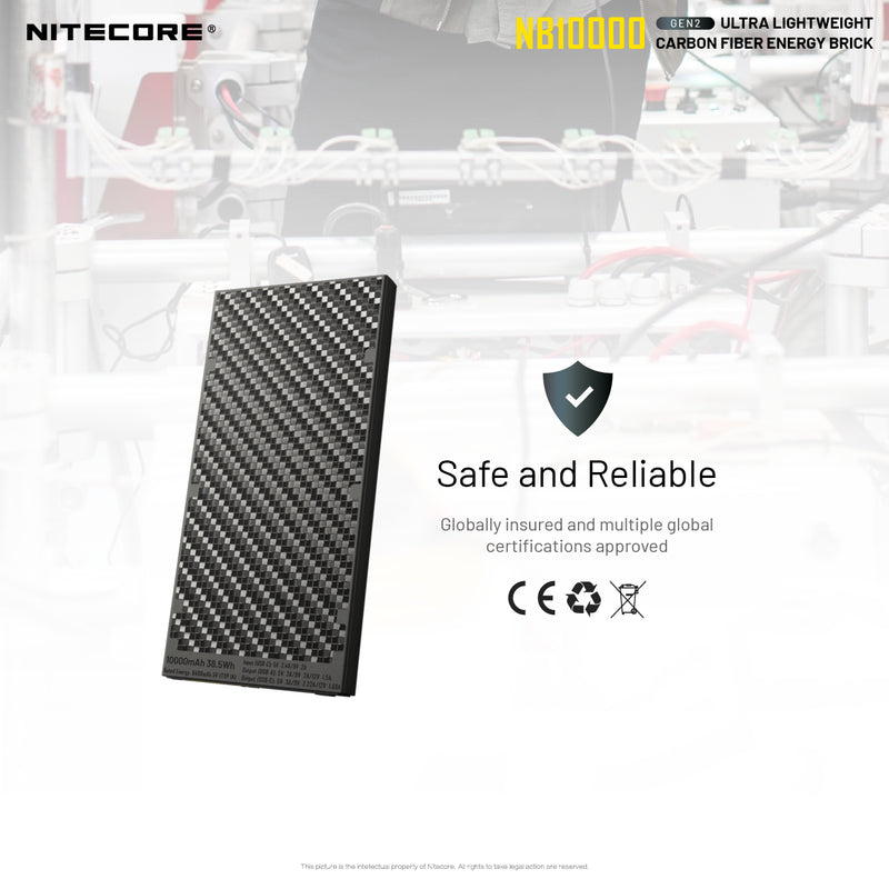 Nitecore GEN2 NB10000 ultralight weight carbon fiber energy brick is safe and reliable.f