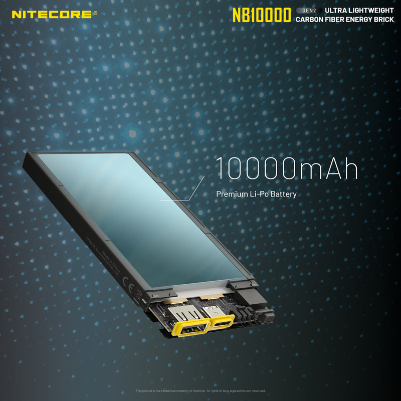 Nitecore GEN2 NB10000 ultralight weight carbon fiber energy brick with 10000 mAh premium Li-Po battery.