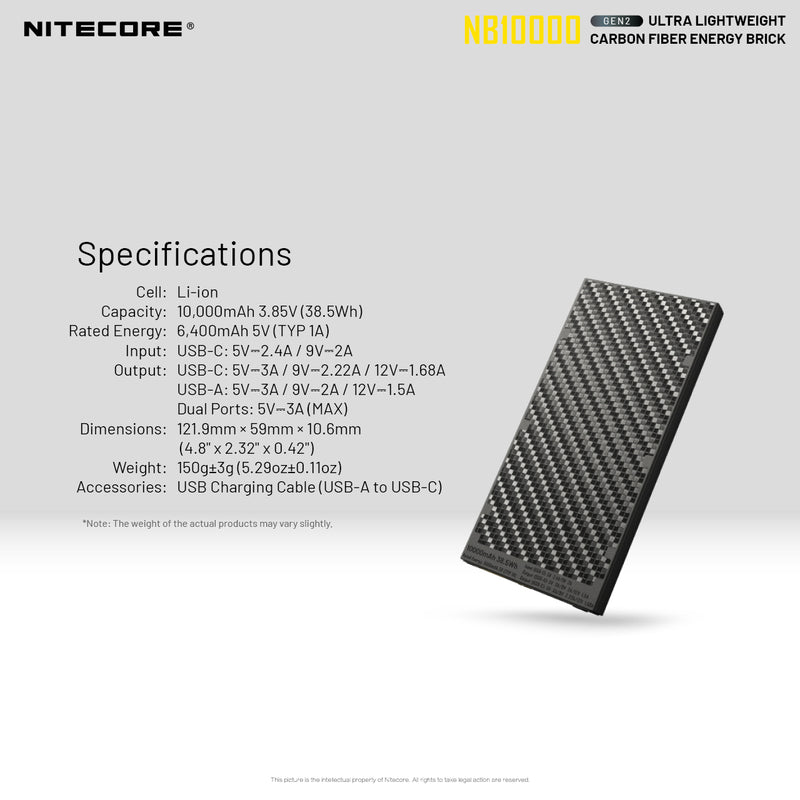 Nitecore GEN2 NB10000 ultra lightweight carbon fiber energy brick with specifications.