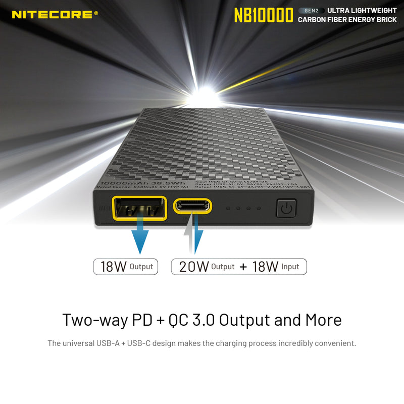 Nitecore GEN2 NB10000 ultra lightweight carbon fiber energy brick with two way PD + QC 3.0 output.