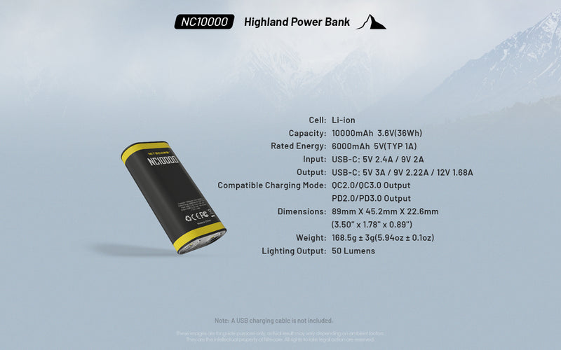 Nitecore NC10000 Highland Power Bank with specification.