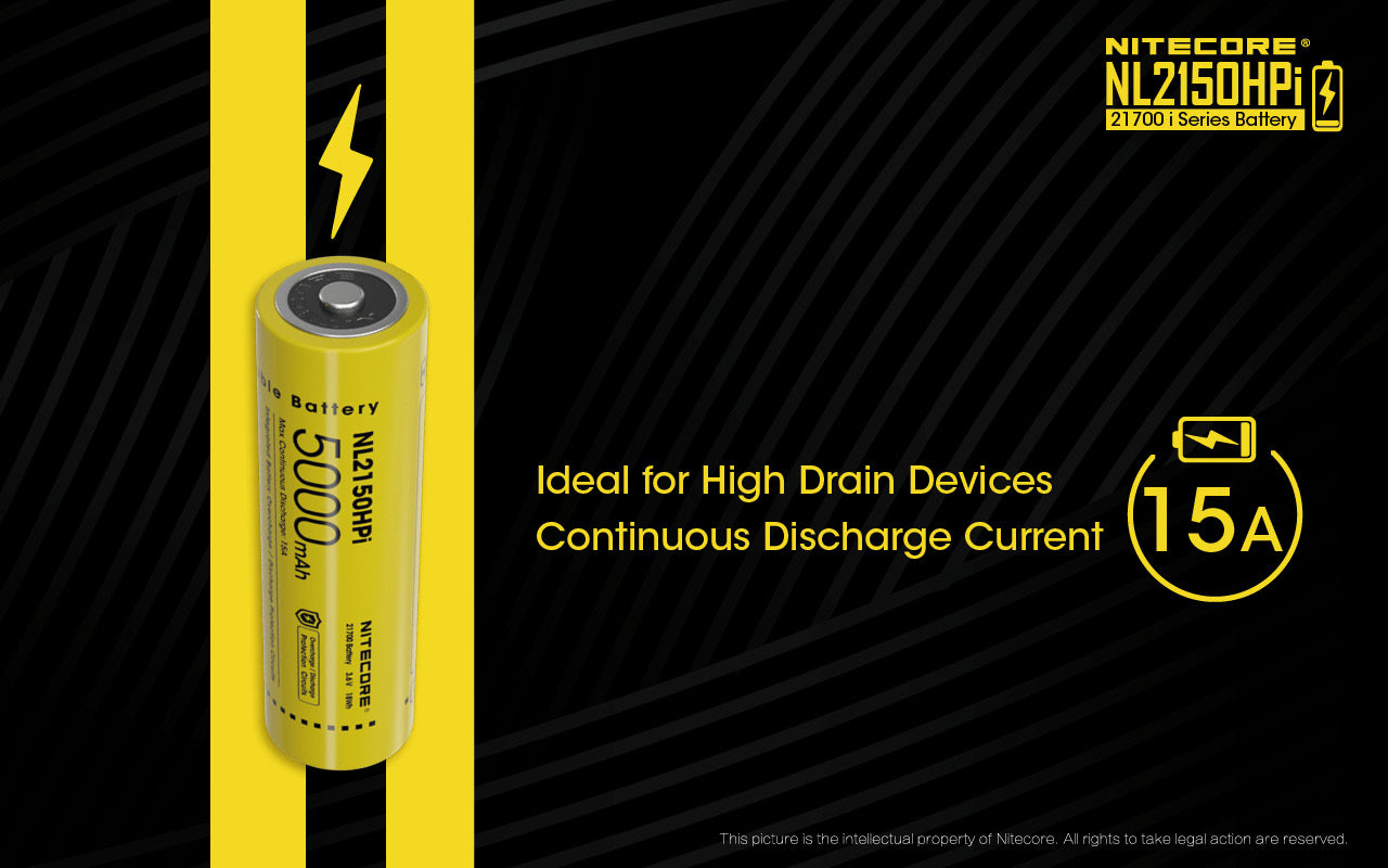 Nitecore NL2150HPi 21700 i Series Battery is ideal for high drain devices with continuous discharge current of 15A.